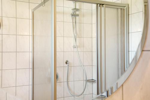 a shower in a bathroom with a mirror at Ferienwohnungen Hackerhof in Bad Füssing