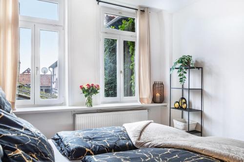 a bedroom with two windows and a bed at Marktplatz Ferienwohnung in Alsfeld