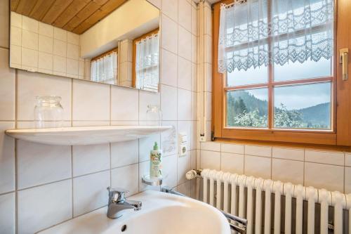 a bathroom with a sink and a window and a radiator at Vogtshof in Bad Rippoldsau-Schapbach