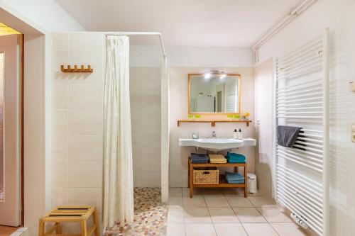 a bathroom with a sink and a shower at Kammbühlhof in St. Blasien