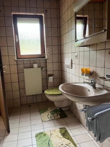 a bathroom with a sink and a toilet and a mirror at Gästehaus Schoch-Bächle in Bad Rippoldsau-Schapbach