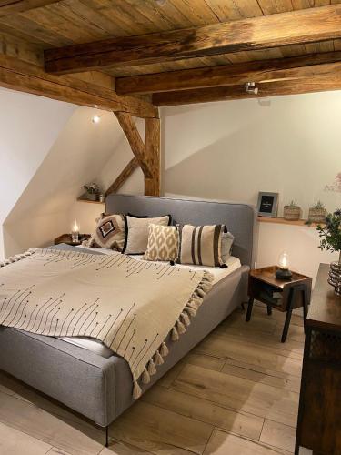 a bedroom with a bed with a wooden ceiling at Rosenzauber-Seeromantik in Weißenstadt