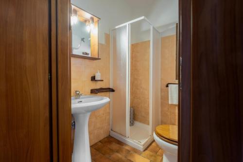 a bathroom with a sink and a shower and a toilet at Roccia in Pitigliano