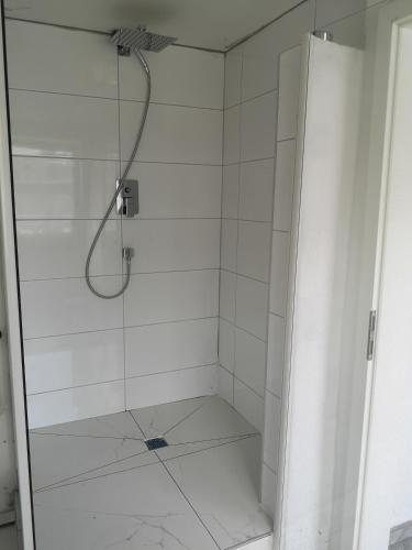 a bathroom with a shower with a glass door at Ferienwohnung In Krumbach in Krumbach