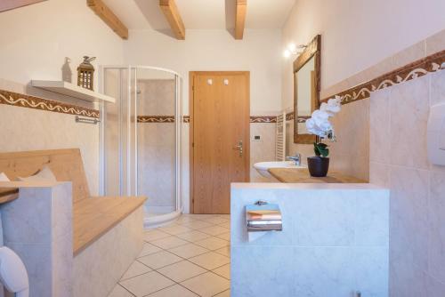 a bathroom with a shower and a sink at Lotschenhof Apt Tulpe in Trodena
