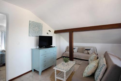 a living room with a couch and a tv at Quinta das Andorinhas - Nazaré in Famalicão