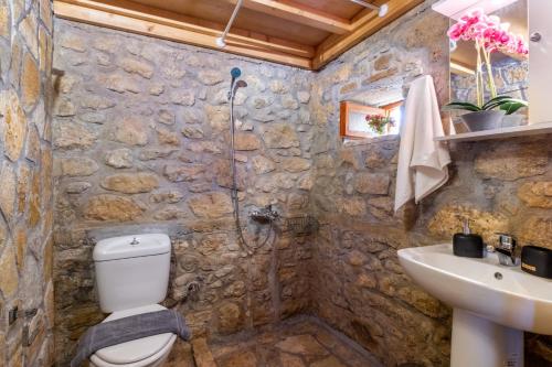 a stone bathroom with a toilet and a sink at Villa Lazar in Lefkada