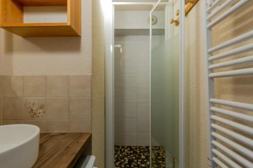 a bathroom with a shower and a sink at Appartement Manigod Merdassier 8 p in Manigod