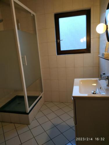 ein Badezimmer mit Dusche, Waschbecken und Fenster in der Unterkunft Maison de vacances Diff in Puttelange-aux-Lacs