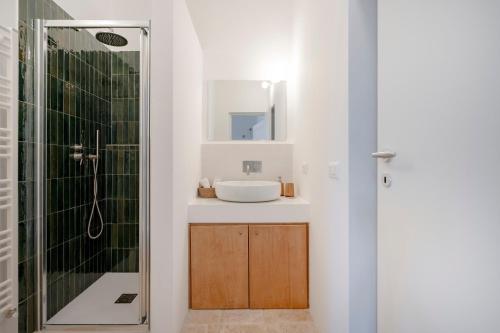 a bathroom with a sink and a shower at Casita Lemos in Triggianello