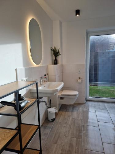 a bathroom with a sink and a toilet and a mirror at Ferienhäuser Ebbe und Flut in Schülp