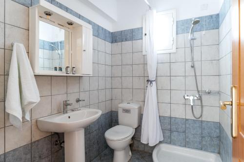a bathroom with a toilet and a sink and a shower at Anemologio 101 Tinos in Agios Ioannis