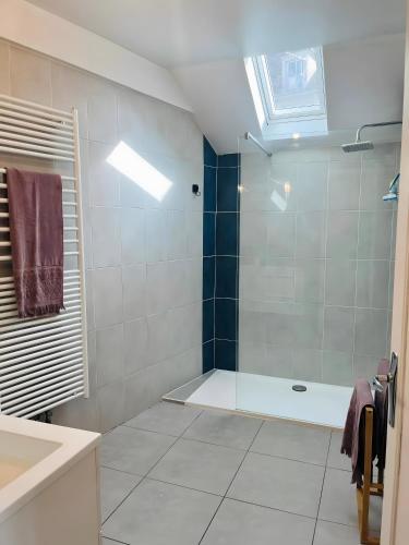 a bathroom with a shower with a tub and a sink at Gîte Le Flot in Saint-Florentin