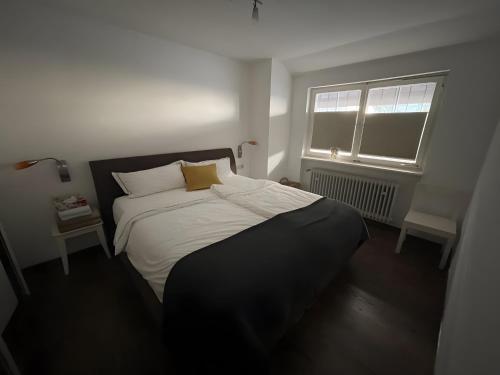 a bedroom with a large bed with a window at Ferienhaus Sara in Seebach