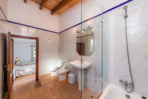 a bathroom with a shower and a sink and a toilet at Finca Perello in Felanitx