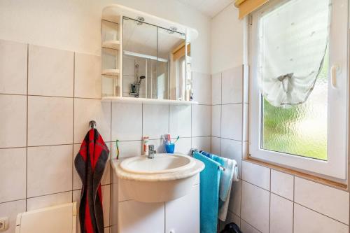 a bathroom with a sink and a mirror at Bungalow 179 in Zeulenroda