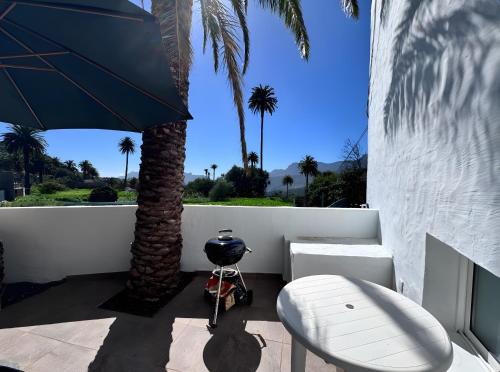 a patio with a chair and an umbrella and a palm tree at Palmeral de Taidía in Taidía