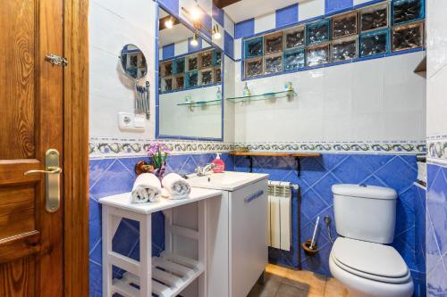 a blue and white bathroom with a toilet and a sink at Casa El Campano in Ontaneda