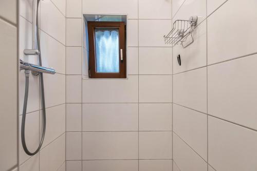 a bathroom with a shower and a window at Ferienhaus Ostseeblick in Munkbrarup