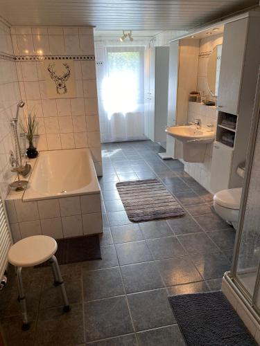 a bathroom with a tub and a toilet and a sink at Ferienwohnung an der Berkelquelle in Billerbeck