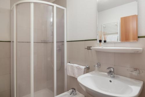 a bathroom with a shower and a sink and a toilet at Ciasa Willy App Lavarella in La Villa