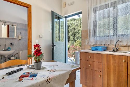 a kitchen with a table and a sink and a bathroom at Daratos studio 2 in Kefallonia