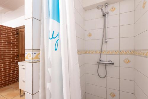 a shower in a bathroom with a shower curtain at Gîte des Aulneaux in Fresnes