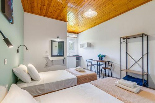 a bedroom with two beds and a sink in a room at Saint Peter Bay - Basic Room in Kavos