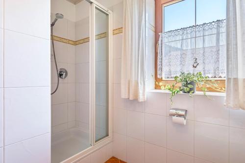 a bathroom with a shower and a window at Mongaduierhof Apt Panorama in Umes