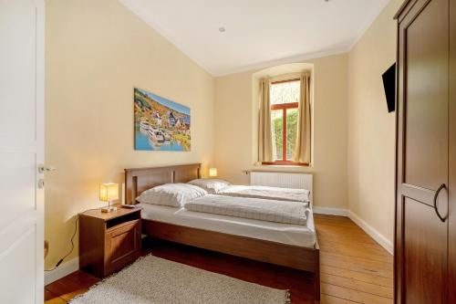 a bedroom with a bed and a window at Alte Stadtvilla am Weinberg 1 in Traben-Trarbach