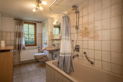 a bathroom with a tub and a sink and a toilet at Ferienwohnung Achraintal 1 in Lindau