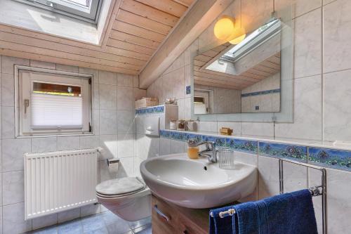a bathroom with a sink and a toilet and a mirror at Fewo Naturliebe - keine Monteure in Dornhan