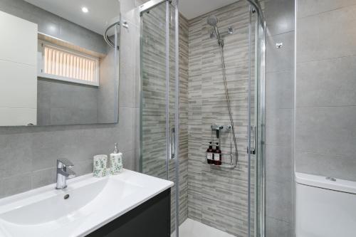 a bathroom with a shower and a sink and a toilet at Boliche in Benimagrell