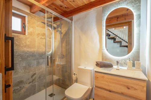 a bathroom with a shower and a toilet and a sink at Arrieta Costa Rural in Tabayesco