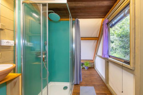 a bathroom with a shower and a sink at Glamping Le Ginestre in Monteverdi Marittimo