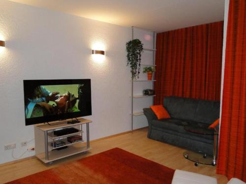 a living room with a couch and a flat screen tv at Alb Studio in Sankt Blasien in St. Blasien