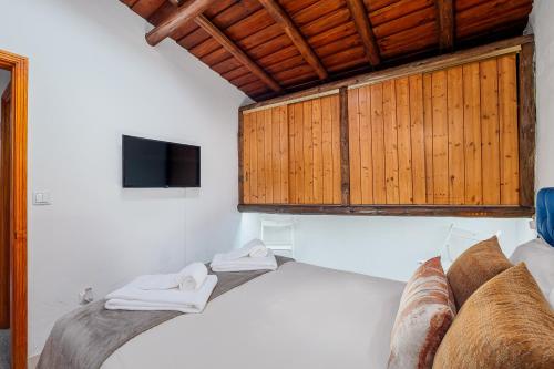 a bedroom with a bed and a tv on the wall at Descanso Alentejano -Casa d'aldeia in Campinho
