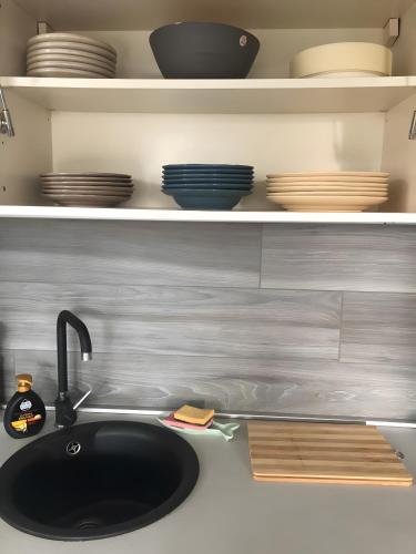 a kitchen counter with a sink and plates on shelves at Villa Su 3 Piani Con Giardino in Lido di Spina