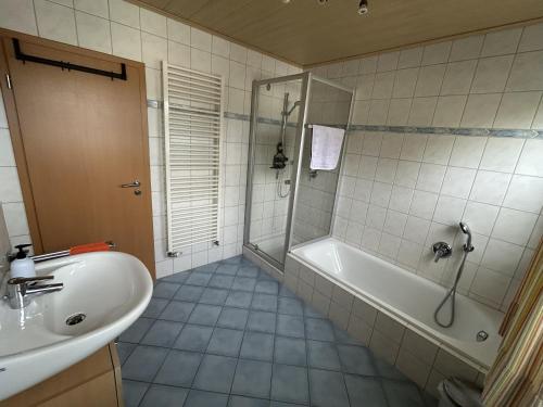 a bathroom with a shower and a tub and a sink at Ferienwohnung Moos-Hochsauerland in Olsberg