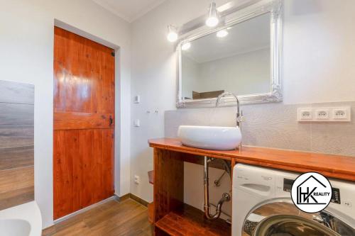 a bathroom with a sink and a washing machine at Ferienwohnung Lahost in Lahošt