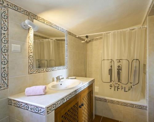 a bathroom with a sink and a shower at Quinta da Aroeira in Lagoa