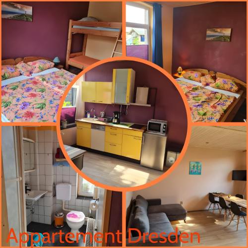 a small room with three bunk beds and a kitchen at Lütt Smedhoff - Appartement Dresden in Gülzow