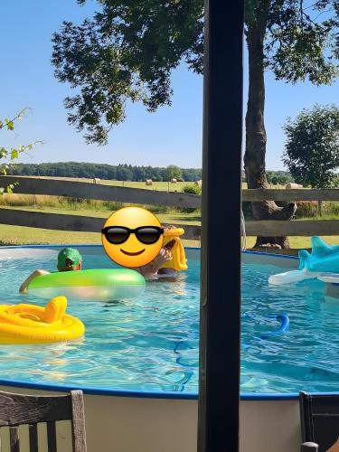 a pool with a pool toy in the water at Lütt Smedhoff - Appartement Dresden in Gülzow