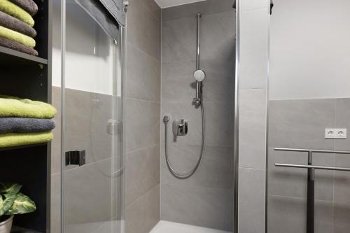 a shower with a glass door in a bathroom at Casa Simona in Orsingen-Nenzingen