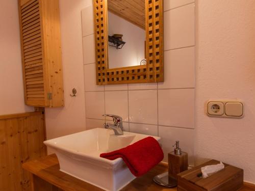 a bathroom with a sink and a red towel at Ferienwohnung Heimatgefühl Thalheim in Leibertingen