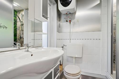 a white bathroom with a sink and a toilet at Ferienhaus 202 in Zadelsdorf