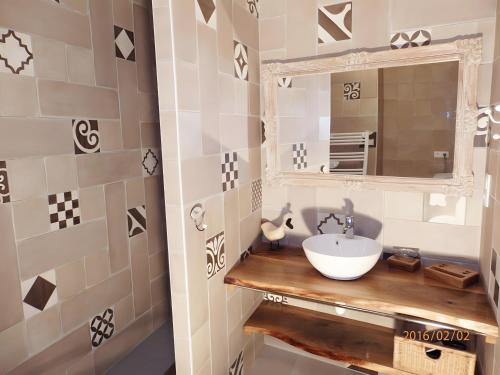 a bathroom with a sink and a mirror at Gîte Chez Fanfoué in Orcier