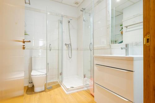 a bathroom with a shower and a toilet and a sink at Moderno Estudio Junto Al Río in Seville