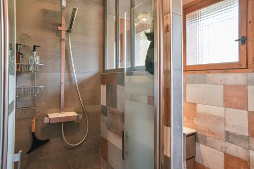 a bathroom with a shower with a glass door at Reflets De Montagnes in Chambéry