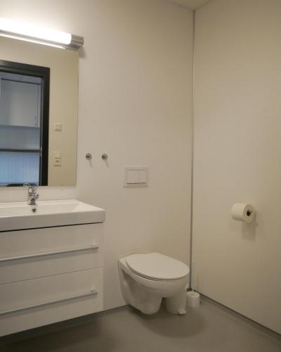 a white bathroom with a toilet and a sink at Evje Folkehøgskole in Evjemoen